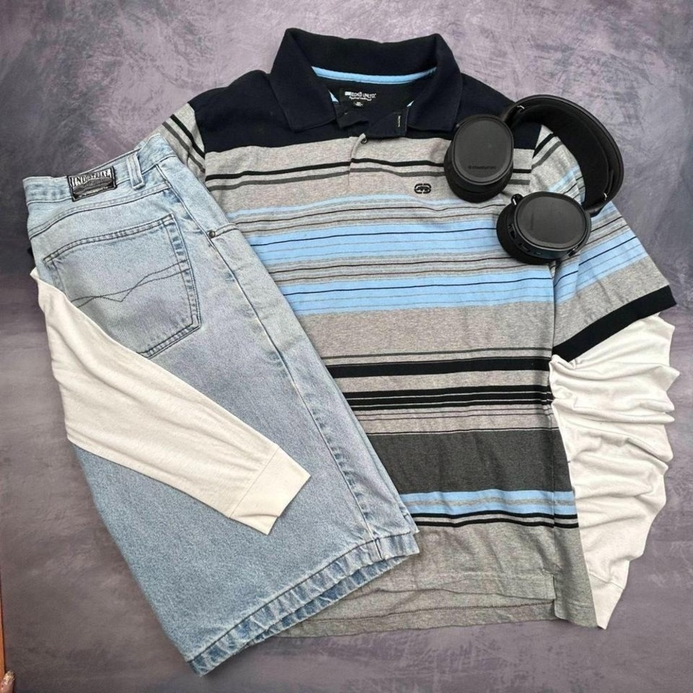 Striped polo shirt with blue and grey horizontal pattern Classic y2k‎ casual